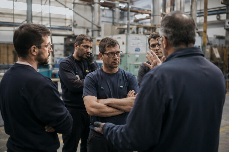 Trabajadores de planta industrial esperando instrucciones de su líder